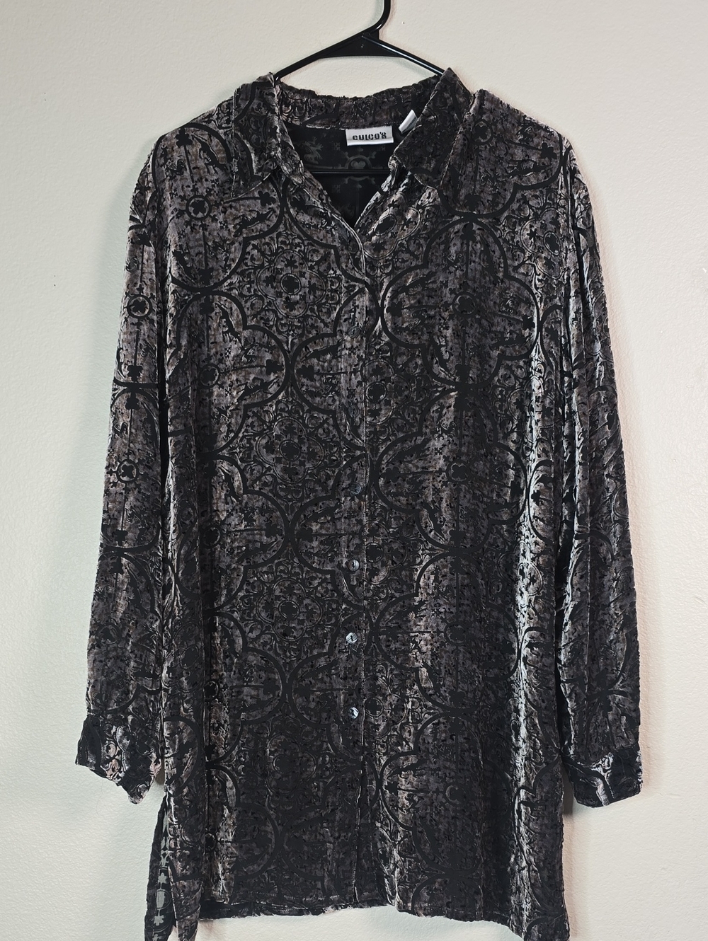 Chicos Velvet Burnout Button-Up Shirt Tunic Top Long Sleeve Size Large